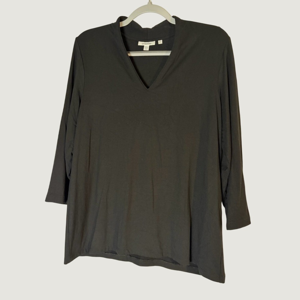 Chicos Black V Neck Long Sleeve Top Size 2 Large Rayon Spandex Stretch Blouse